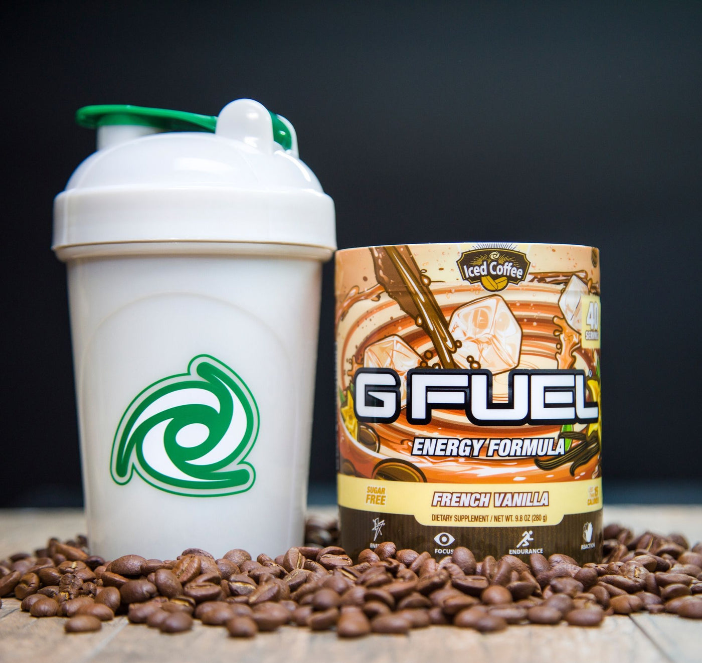 G FUEL The Coffee Cup shaker cup and French Vanilla Iced Coffee tub