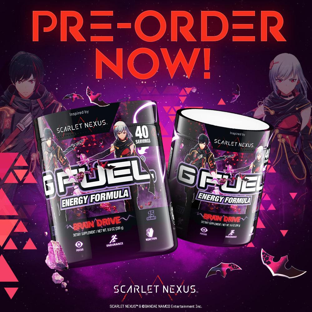 G FUEL Brain Drive tubs, inspired by BANDAI NAMCO Entertainment's new action RPG, SCARLET NEXUS, are available for pre-order at meritpd.top through June 30th or while supplies last.